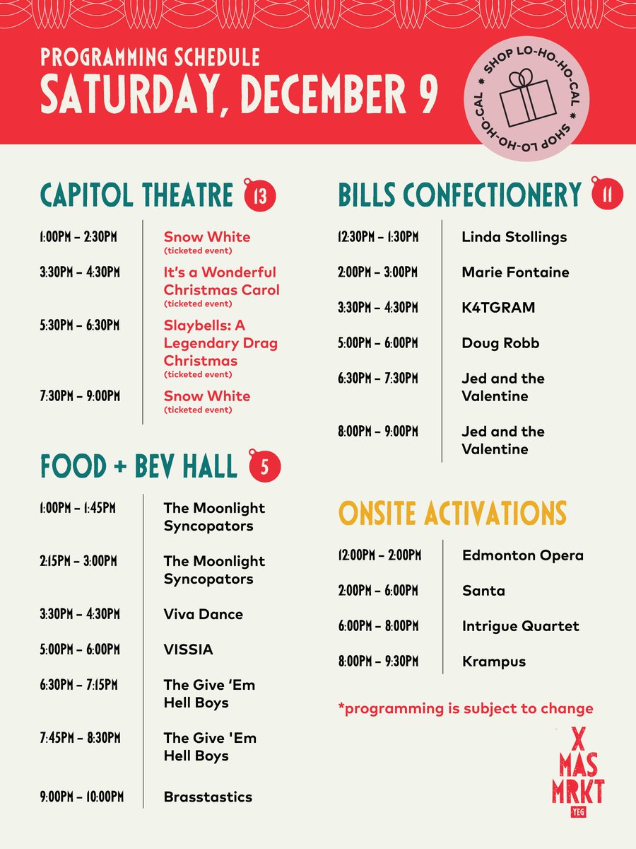 The line up at tomorrows <a href="/yegxmasmarket/">Edmonton Christmas Market</a> is a Christmas miracle! We'll see you tomorrow at 6:30pm for 2 sets! But don't wait for us. Come Early and Stay late!