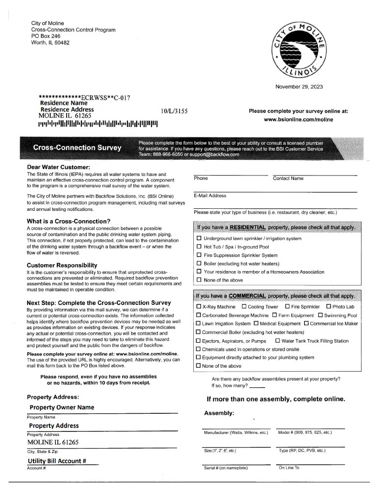 Every two years, Moline residents are asked questions designed to help identify and eliminate possible cross-connections that could threaten the quality and safety of the water supply. More info here: tinyurl.com/BSIwatsurv