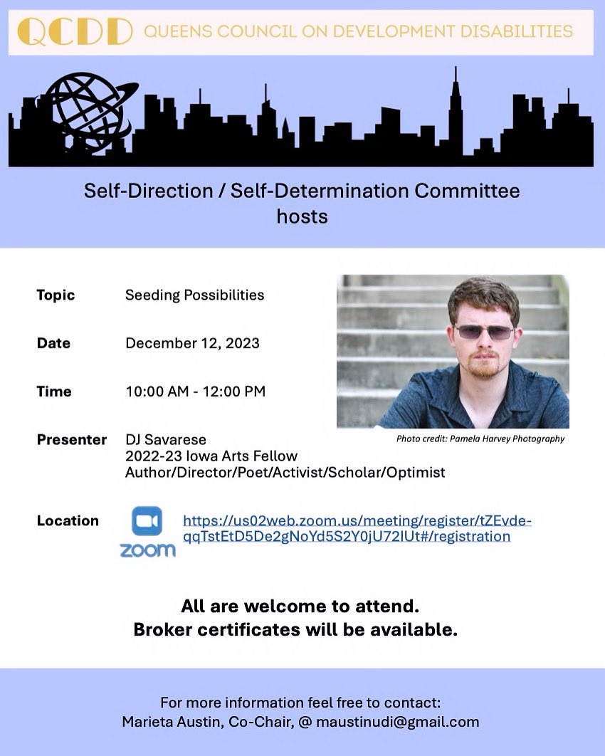 New event! DJ Savarese will be presenting at a virtual event hosted by the Queens Council on Development Disabilities.
DECEMBER 12th 10am-12pm ET: "SEEDING POSSIBILITIES"
This event is free and open to all!
Hope to see you there! #djsavarese #autismadvocate