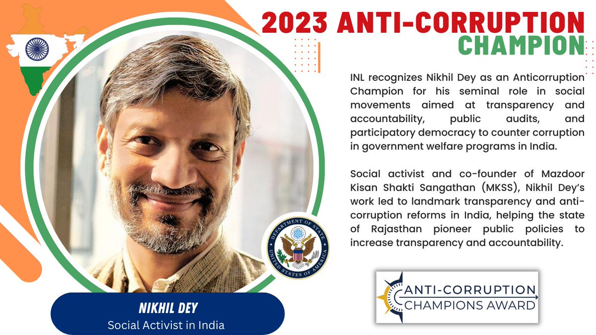 Congratulations to Nikhil Dey, one of @StateDept’s 2023 Anti-Corruption Champions!
