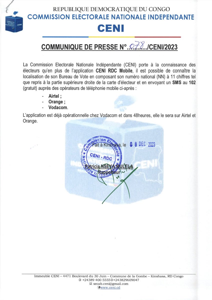 cenirdc's tweet photo. COMMUNIQUE DE PRESSE | N° 078/CENI/2023
portant connaissance aux électeurs qu'il est possible de connaître gratuitement la localisation de son Bureau de Vote à travers les différents opérateurs téléphoniques. https://t.co/eF5EYJRlp4