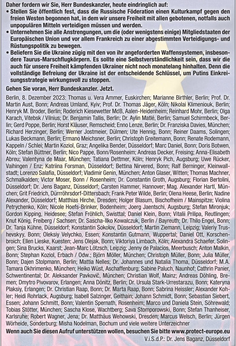 tetriano's tweet image. Definitely! 🇺🇦 needs our full support, as the fight for our free 🇪🇺 is decided there. That’s why we published an appeal to @Bundeskanzler in the 🇩🇪 newspaper @Tagesspiegel that you can also sign online here: protect-europe.eu/open-letter. Please boost and RT!
#FreeTaurus #ProtectEurope