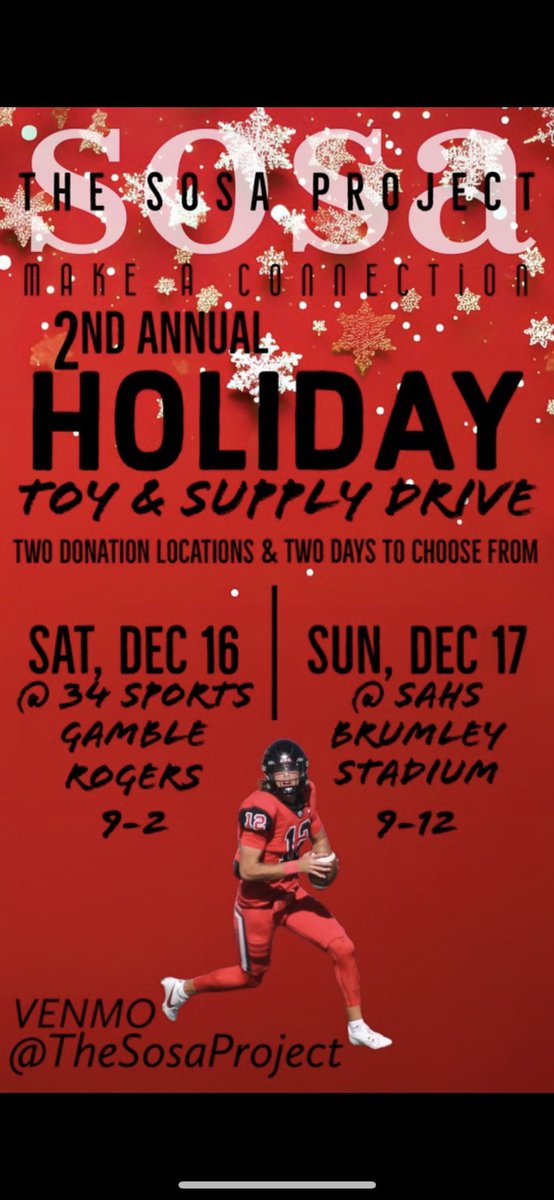 Second Annual Sosa Project Toy Drive! Come out and support! Any donations to the venmo will go towards gift cards and groceries to families in need!