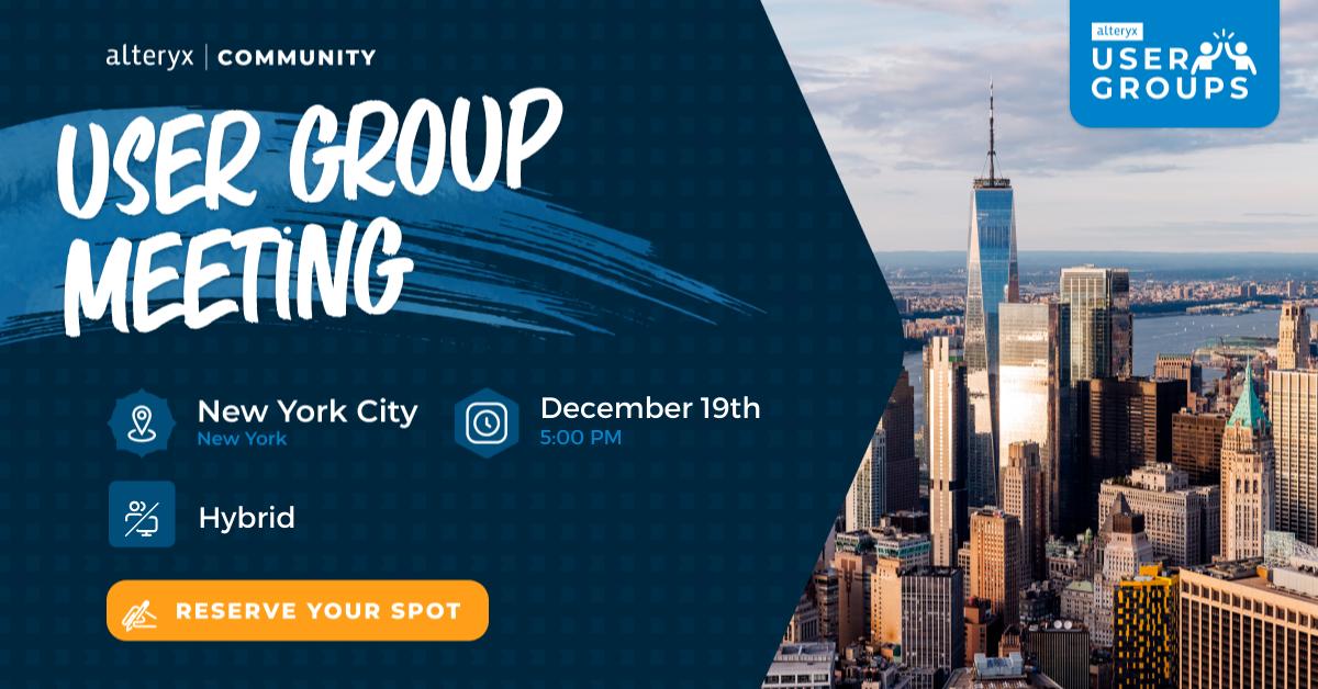Kramer_Dave's tweet image. Join us for a holiday themed #AlteryxUserGroup focused on the annual Advent of Code daily challenges!

🗓️ 12/19
⏰ 5pm
📍 NYC / Hybrid

🔔 Spread holiday cheer: Invite friends and colleagues to this hybrid event! ☃️

👉 Reserve your spot: ow.ly/FINT105512o