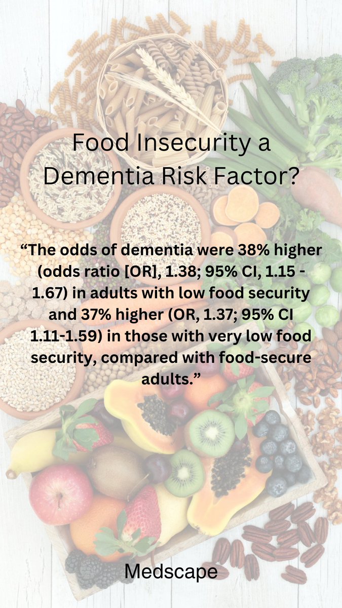 About 18% of adults were food insecure, with 10% reporting low food security and 8% very low food security. About 11% of those aged 65+ in 2013 were food insecure. Read more: medscape.com/viewarticle/99… #dementia #olderadults #foodinsecurity #dementiarisk #healthcare #geriatric