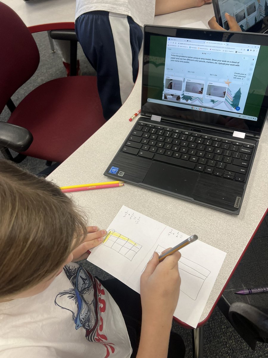 We love student to student discourse! 🤓 Students are working on multiplying fractions &amp; showing it pictorially using an area model. Students built on what they learned in their previous lesson to teach/review with the class &amp; show what they know in Padlet! #BeEvergreen  <a href="/padlet/">Padlet</a>