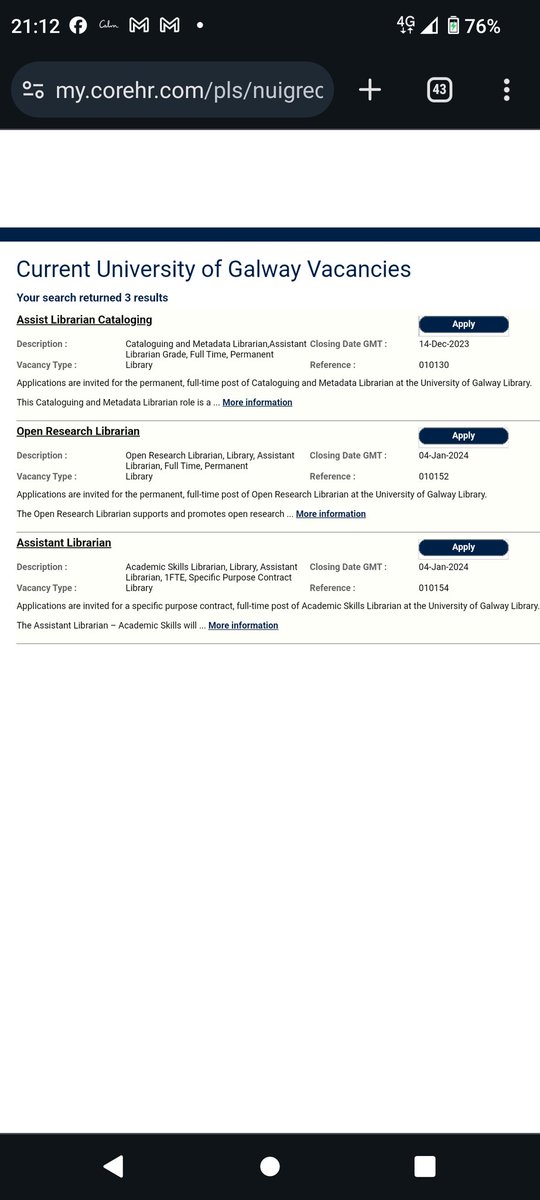 #LibraryJobs x 3 at University of Galway.

Cataloguing &amp; Metadata Librarian. Closing 14 Dec 2023. FT. Perm. 

Open Research Librarian. 
Closing 04 Jan 2024. FT. Perm.

Academic Skills Librarian. 
Closing 04 Jan 2024. Specific purpose

universityofgalway.ie/about-us/jobs/#

#LISjobsIE #JobFairy