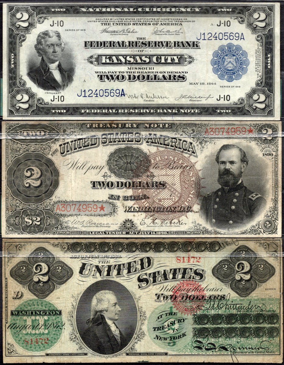 $2 Bills

1918 $2 FRBN 
1890 $2 Treasury Note
1862 $2 Legal Tender

#money #history #USA🇺🇸