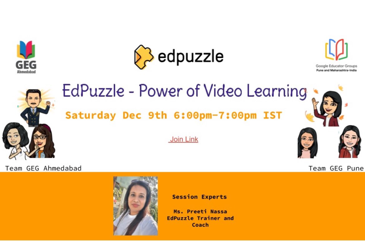 🧩🧐Learn the Power of Video Learning!! <a href="/edpuzzle/">Edpuzzle</a> 
Join Sat Dec 9th 6pm IST where our session expert Preeti 
 joins <a href="/GEGAhmedabad/">GEG Ahmedabad</a> and <a href="/GEGPune/">GEG Pune and Maharashtra</a> to show you how to engage students and measure assessment using the most efficient tool <a href="/edpuzzle/">Edpuzzle</a> 🎉🎉