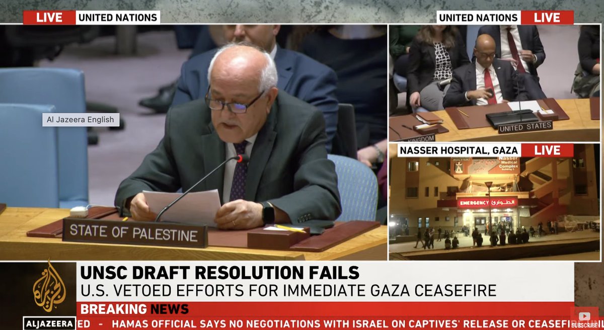 Palestinian ambassador to UN: Clearly disappointed. But thanks the one hundred countries who co sponsored ceasefire bill for 'clear and principled stand.' On US veto: 'Beyond regrettable.' 'This is a terrible day for the Security Council. We reject this result.... ceasefire!…