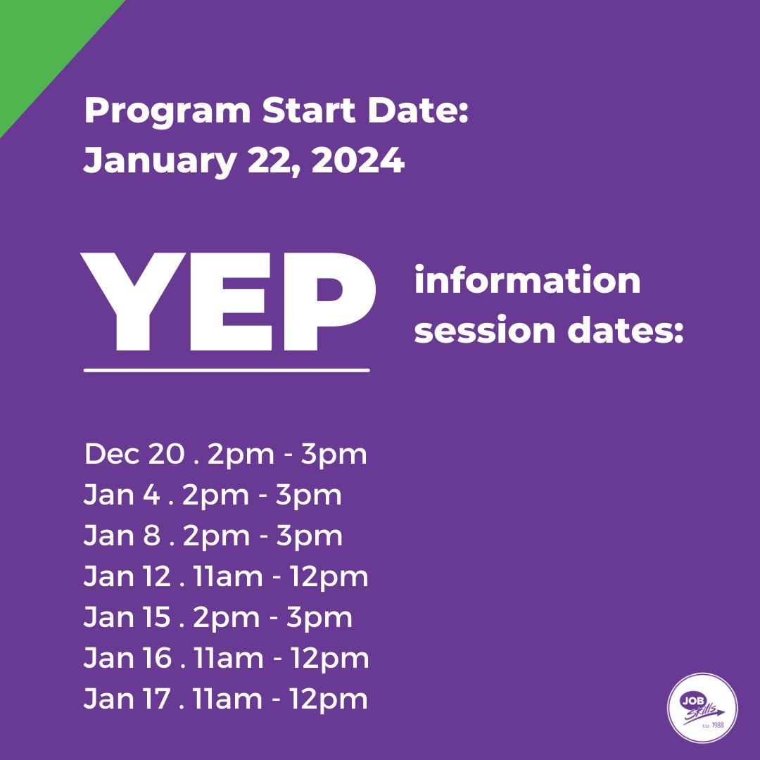 JobSkillsOrg's tweet photo. Are you age 15-30? Ready to launch your own business?
The YEP program starts Jan 22, 2024 - sign up for an upcoming info session to learn more.
Register today: https://t.co/IPPVzlCQ0E
#youthentrepreneurship #yepprogram #startyourbusiness https://t.co/17dOJkUiWt