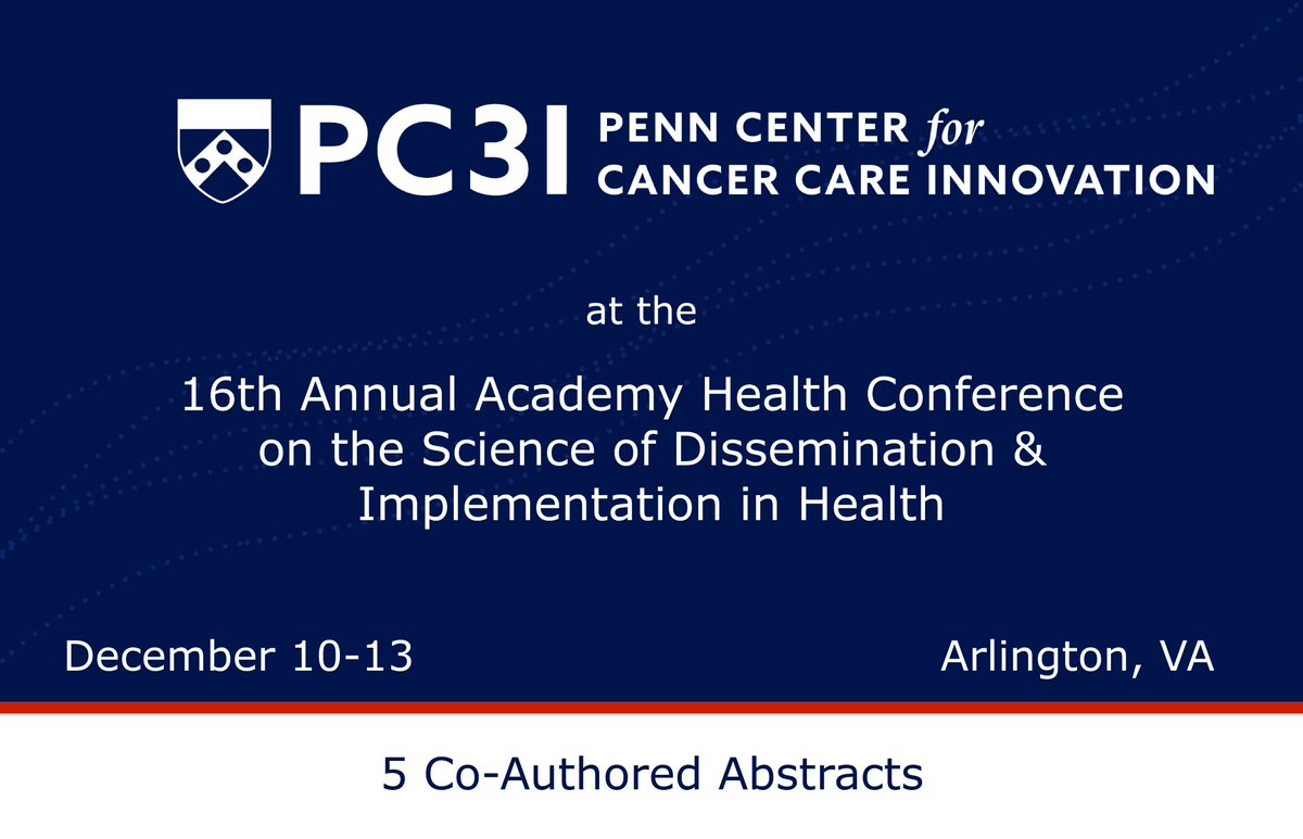 Penn Cancer Innovation (@pc3innovation) on Twitter photo PC3I will present 5 co-authored abstracts at the 16th <a href="/AcademyHealth/">AcademyHealth</a> Conference on the Science of Dissemination & Implementation in Health.
Presentations feature work from PC3I's <a href="/kate_rendle/">Kate Rendle, PhD (she/her)</a>, <a href="/DrLolaFayanju/">Lola Fayanju (she/her, drlolafayanju@bsky.social)</a>, <a href="/annemckn1/">Anne Marie McCarthy</a>, <a href="/ravi_b_parikh/">Ravi B. Parikh</a>, Justin Bekelman, & more.
#DIScience23 PC3I will present 5 co-authored abstracts at the 16th <a href="/AcademyHealth/">AcademyHealth</a> Conference on the Science of Dissemination & Implementation in Health.
Presentations feature work from PC3I's <a href="/kate_rendle/">Kate Rendle, PhD (she/her)</a>, <a href="/DrLolaFayanju/">Lola Fayanju (she/her, drlolafayanju@bsky.social)</a>, <a href="/annemckn1/">Anne Marie McCarthy</a>, <a href="/ravi_b_parikh/">Ravi B. Parikh</a>, Justin Bekelman, & more.
#DIScience23