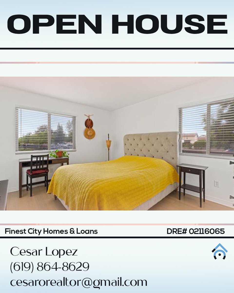 OPEN HOUSE ALERT! 🚨

🛏 1 bed / 🛁 1 bath / 675 sqft 🦶🏼

🗓 Day and hours: 
Saturday (12/09) 12:00pm - 3:00pm

🏡 Address:
2930 Alta View Dr Unit K205, San Diego, CA 92139

💵 Price:
$389,900

Stop by and say hi 🙋🏻‍♂️

#CesarLopezRealtor #realestate #SanDiego #SanDiegoRealtor