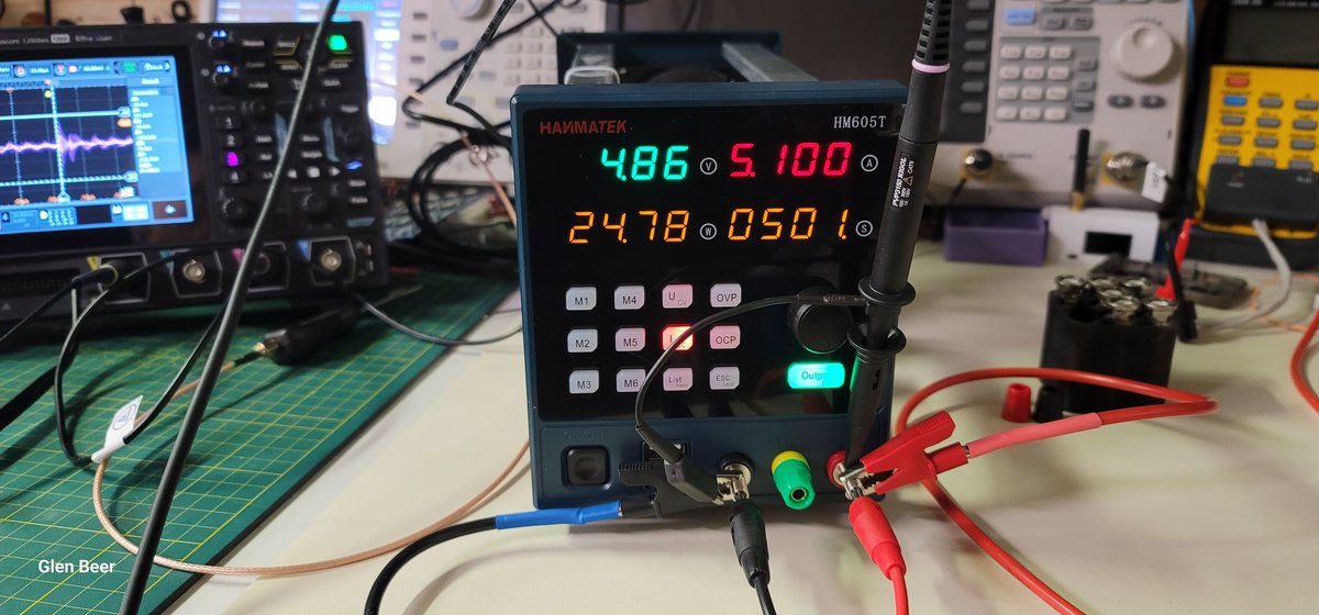 glenbeer's tweet photo. #Hanmatek HM605T mosfets clock in at 54Khz shown on #Rigol DHO900. I was expecting 150Khz so will have to check the specs.
Blue trace on #Siglent SSA3021X shows harmonics directly from DC Output. https://t.co/vWfEixPx04
