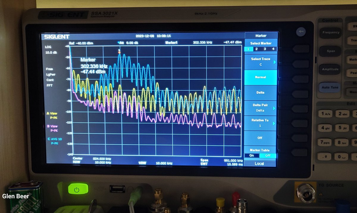 glenbeer's tweet photo. #Hanmatek HM605T mosfets clock in at 54Khz shown on #Rigol DHO900. I was expecting 150Khz so will have to check the specs.
Blue trace on #Siglent SSA3021X shows harmonics directly from DC Output. https://t.co/vWfEixPx04