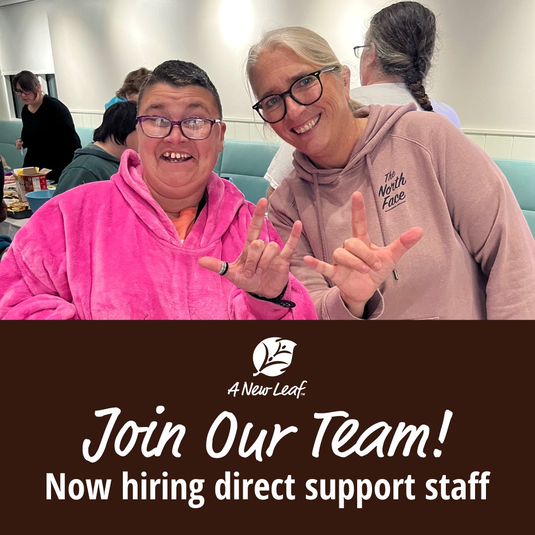 Now hiring direct support staff. Come work with our awesome clients and dedicated team.

For more information or to apply, visit anewleaf.org/careers

#ANewLeaf #nonprofit #IDD #ASD #jobs #funjob #jobsearch #socialworkjobs #joinourteam #nonprofitjobs #nowhiring