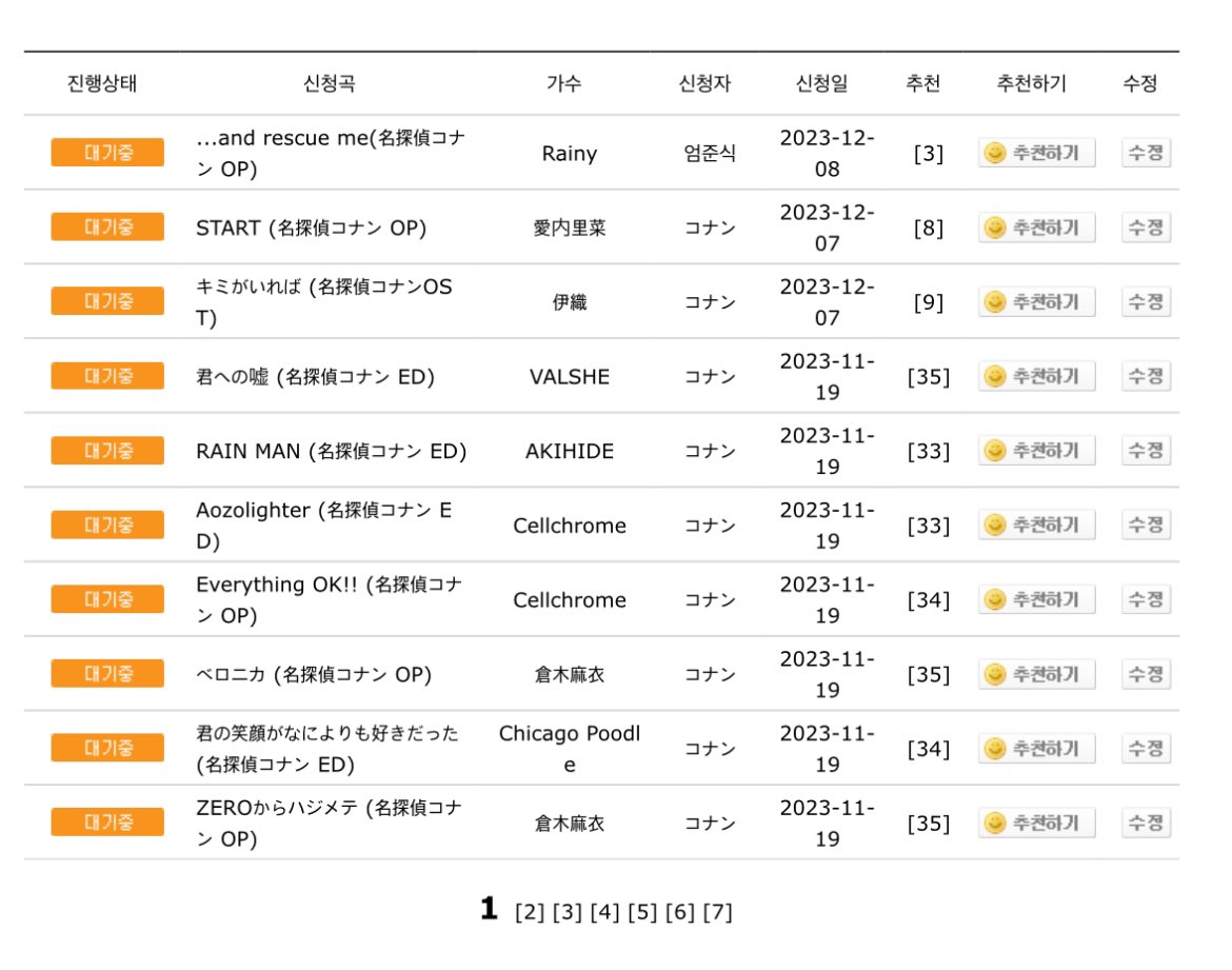 코덕 선생님들..😭 티제이 노래방 노래신청에서 제목에 コナン 검색하시고 나오는 노래 전부 추천하기 눌러주시면 감사하겠습니다!! 노래방에서 코난노래 더 많이 뷰르고 싶어요..🥹🥹

노래 신청 링크👇👇
tjmedia.com/tjsong/song_so…コナン