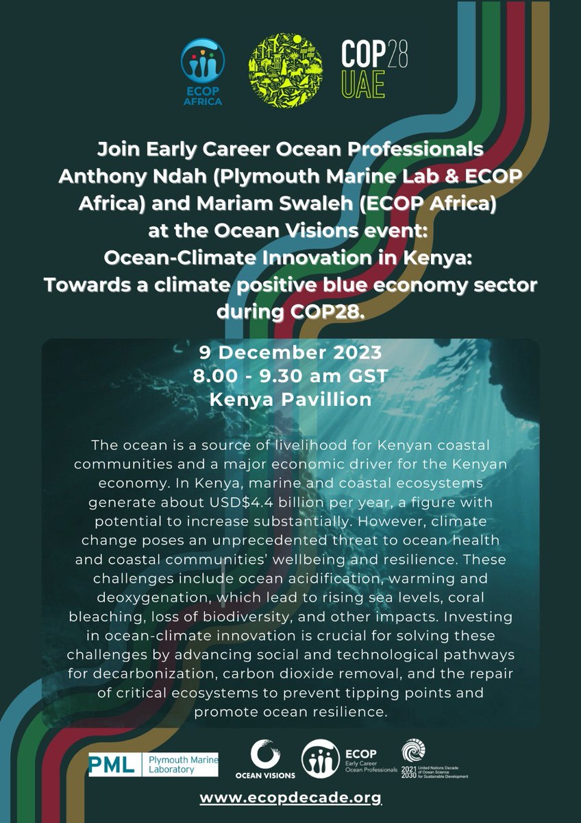 PlymouthMarine's tweet image. #COP28: Join Early Career Ocean Professionals Anthony Ndah and Mariam Swaleh for 'Ocean-Climate Innovation in #Kenya: Towards a #ClimatePositive #BlueEconomy sector'. ⏰8am GST 📍Kenya Pavilion.
@OceanDecadeECOP @UNOceanDecade