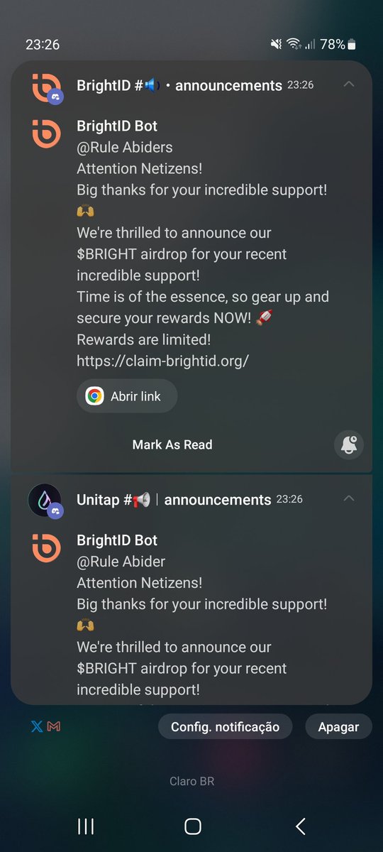 ⚠️⚠️⚠️📛📛📛🚨🚨🚨⚠️⚠️⚠️
BE AWARE Discord users of @BrightIDProject, @Unitap_app and similar that has the 'BrightID Bot'.

It is quite likely that the Bot got compromised and now's sharing a false $BRIGHT airdrop claim URL.