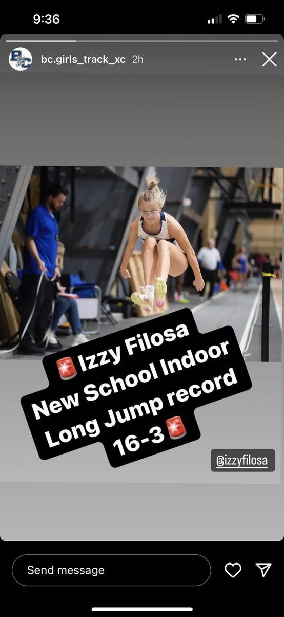 Congratulations to Izzy Filosa who set a new school record in the long jump for indoor track tonight! 🦅