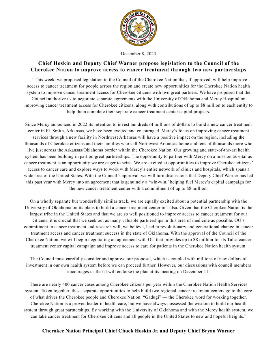 Cherokee Nation proposes $8M to help Mercy Hospital construct #cancer treatment center in Ft. Smith and $8M for University of Oklahoma cancer treatment center to help Cherokee citizens with #cancercare needs.