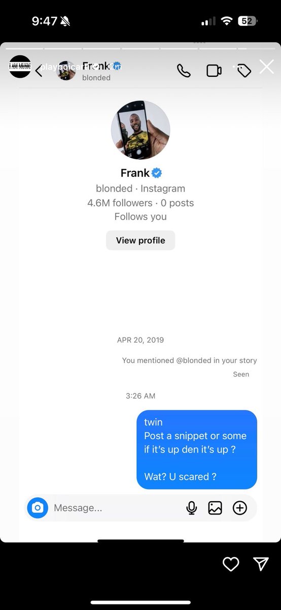 Playboi Carti challenges Frank to release a snippet.