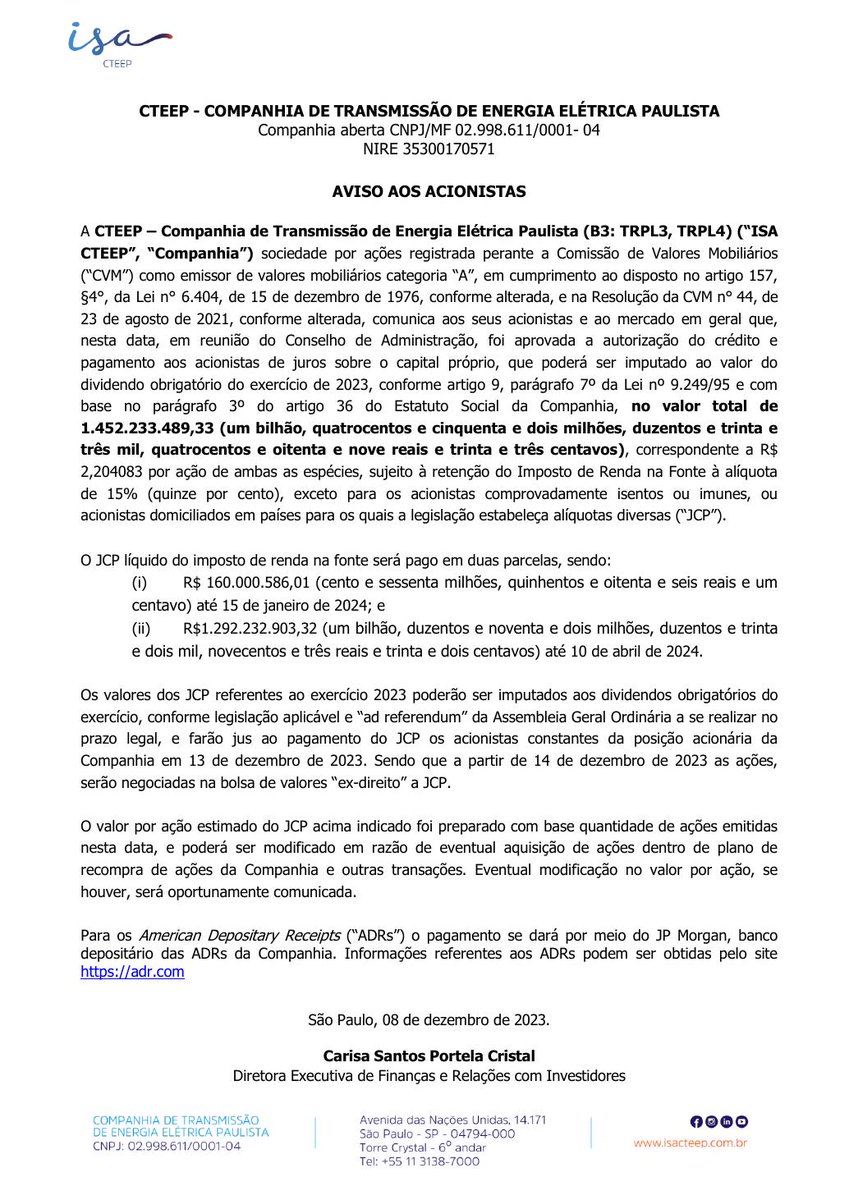 AvisosDaBolsa's tweet photo. 🚨 CTEEP - CIA TRANSMISSÃO ENERGIA ELÉTRICA PAULISTA - Dividendos/Juros sobre Capital Próprio #TRPL3 #TRPL4 #B3 #DIVIDENDO #JCP https://t.co/5bTWl5rmhD