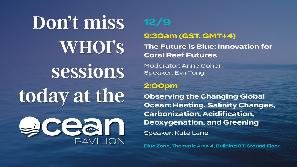 WHOI's tweet photo. It’s #OceanDay at COP28_UAE! Today we’re focusing on the future of #CoralReefs, plus another #MIT_WHOI grad student gets into the act with a discussion about observing the #ChangingOcean. #ForOurBluePlanet
https://t.co/kSTlxrCksd https://t.co/ZBCbtaw9OJ