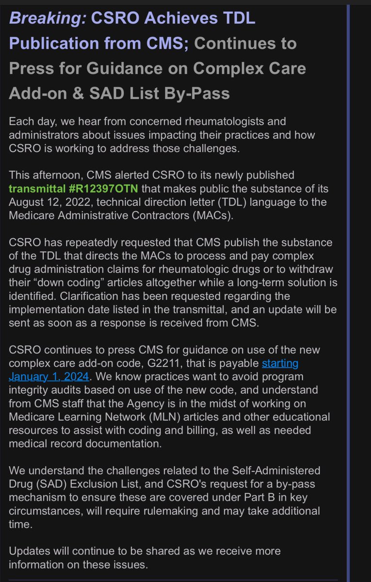 Nenaadvocacy's tweet image. This is pretty cool, @CSROAdvocacy I know how hard you have been working to achieve this for all of #rheumatology and I love that u r not wasting a single second to get date clarification. Bravo! 🎉🎉🎉 #ComplexCoding