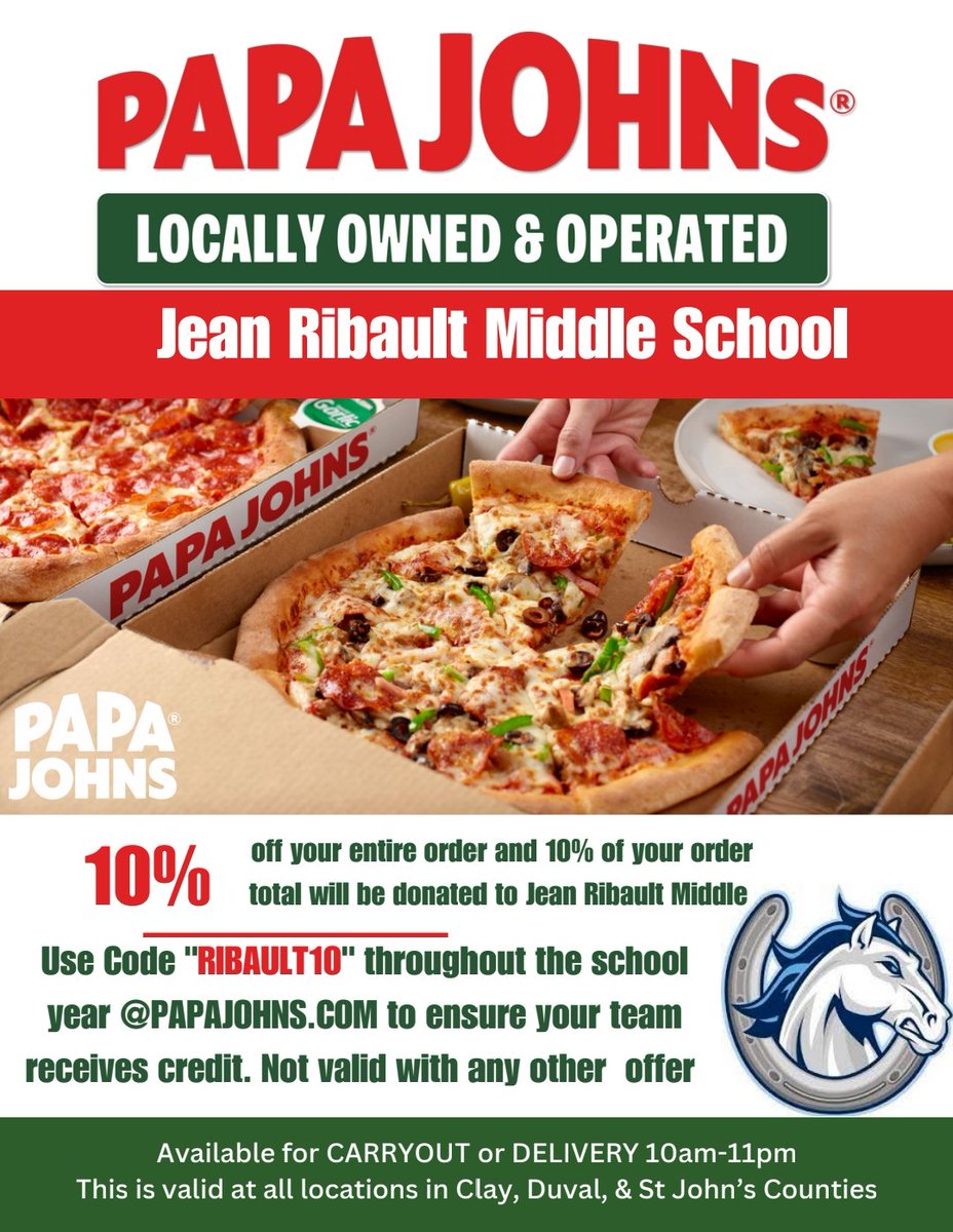 We extremely excited about our partnership with <a href="/PapaJohns/">Papa Johns</a>! Please help support <a href="/JeanRibaultMS/">Jean Ribault MS</a> by using this special code: "RIBAULT10" on your future orders.
#coltsprideiscitywide #coltnation