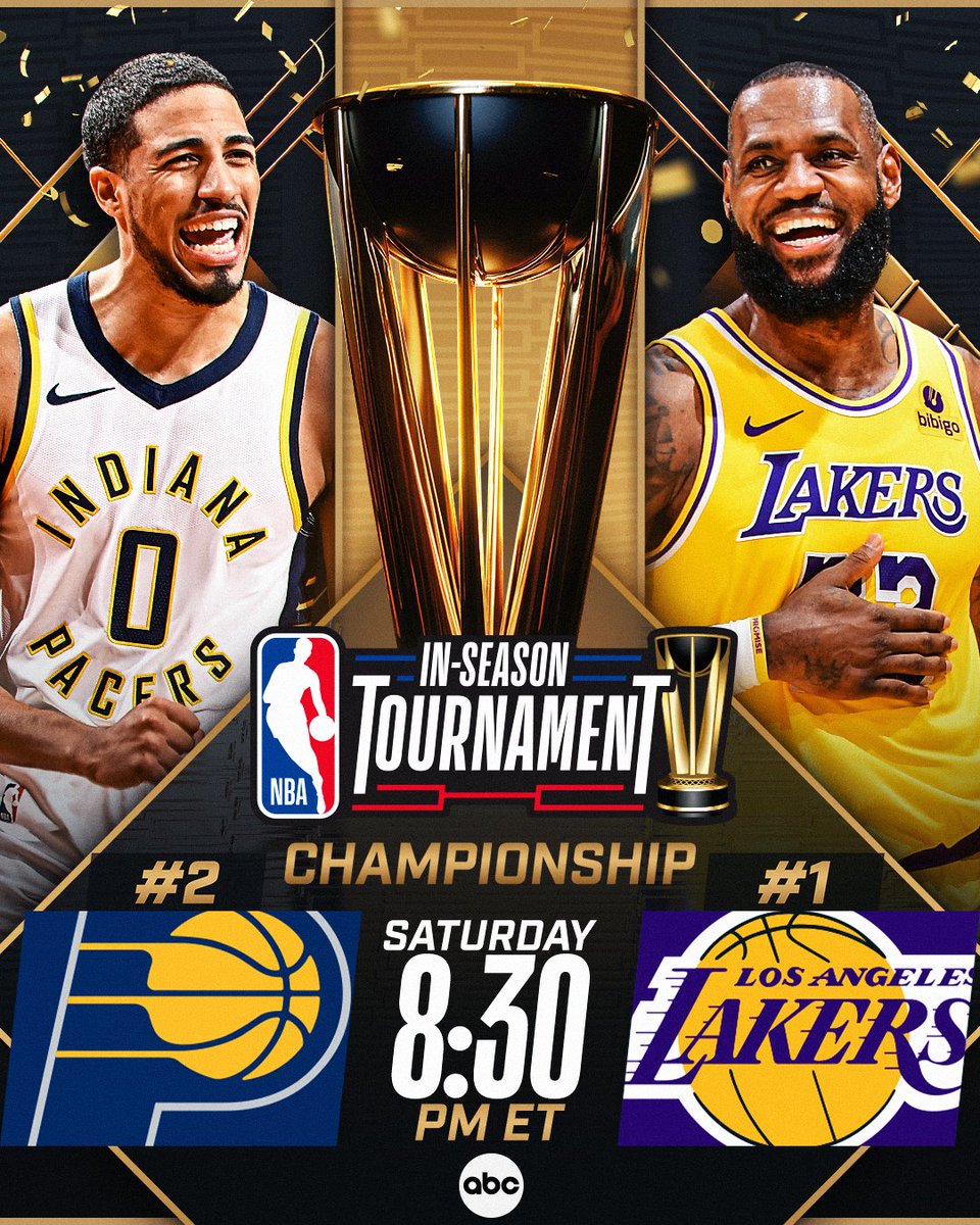 Only two teams remain... the CHAMPIONSHIP is set 🏆 The Pacers and Lakers will meet in the first-ever NBA In-Season Tournament Championship Saturday at 8:30pm/et on ABC! Be a part of NBA history! Get your tickets now. 🎟️: link.nba.com/IS-tickets