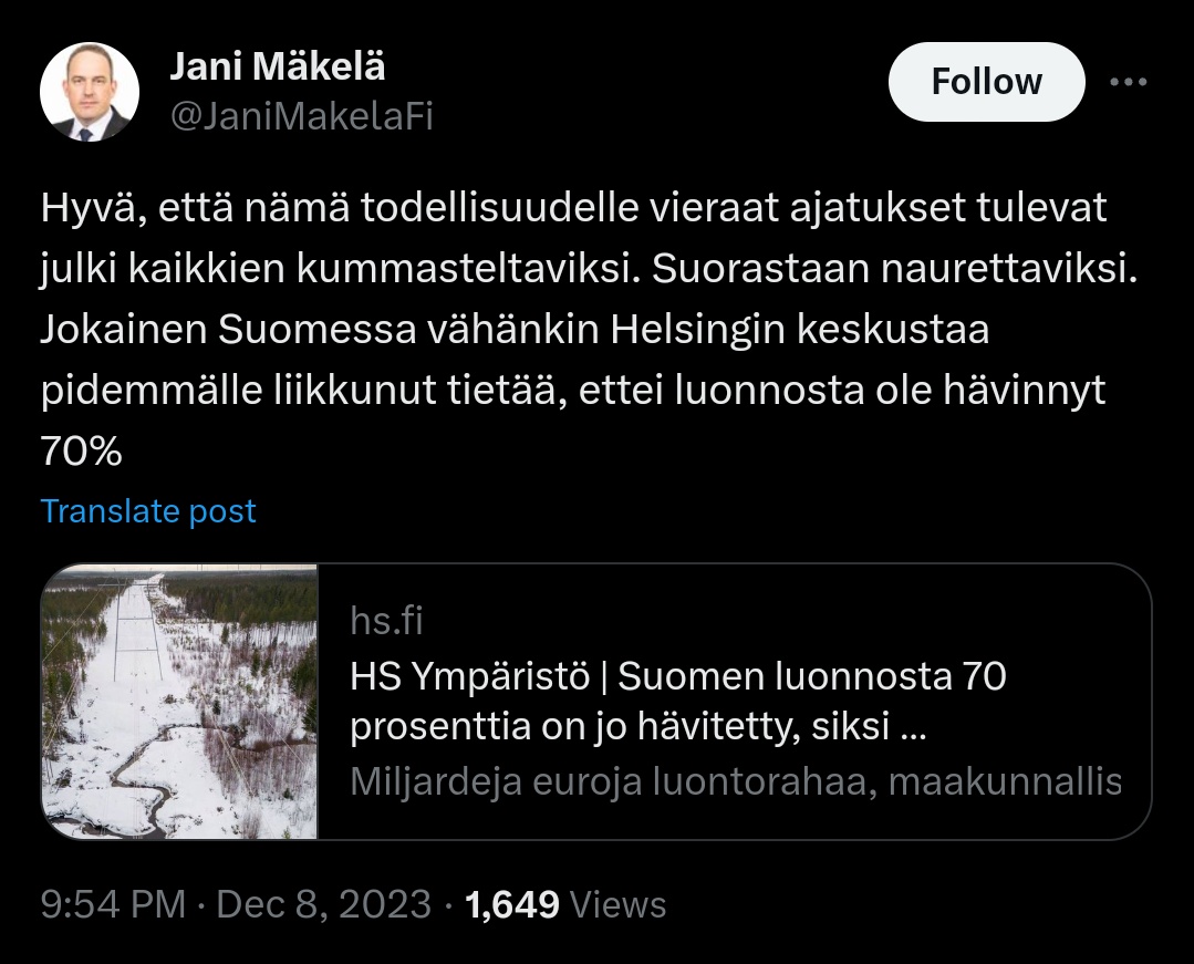 Tässä taas oppikirjaesimerkki persujen #tiede'vastaisuudesta. Suomen #Luontopaneeli'ssa toimii mm. ekologian professori, metsäekologian dosentti ja biodiversiteettitutkimuksen professori, mutta tradenomi #JaniMäkelä kyllä tietää paremmin! 

#perussuomalaiset #luonto #SuomenLuonto