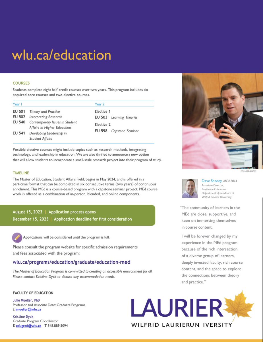 Mark your calendar! Today is 1 week away from the first consideration deadline for our innovative Masters programs! Check out the dynamic options below to see why Laurier’s MEd programs will help you become an educational leader in your field 🤍💛💜