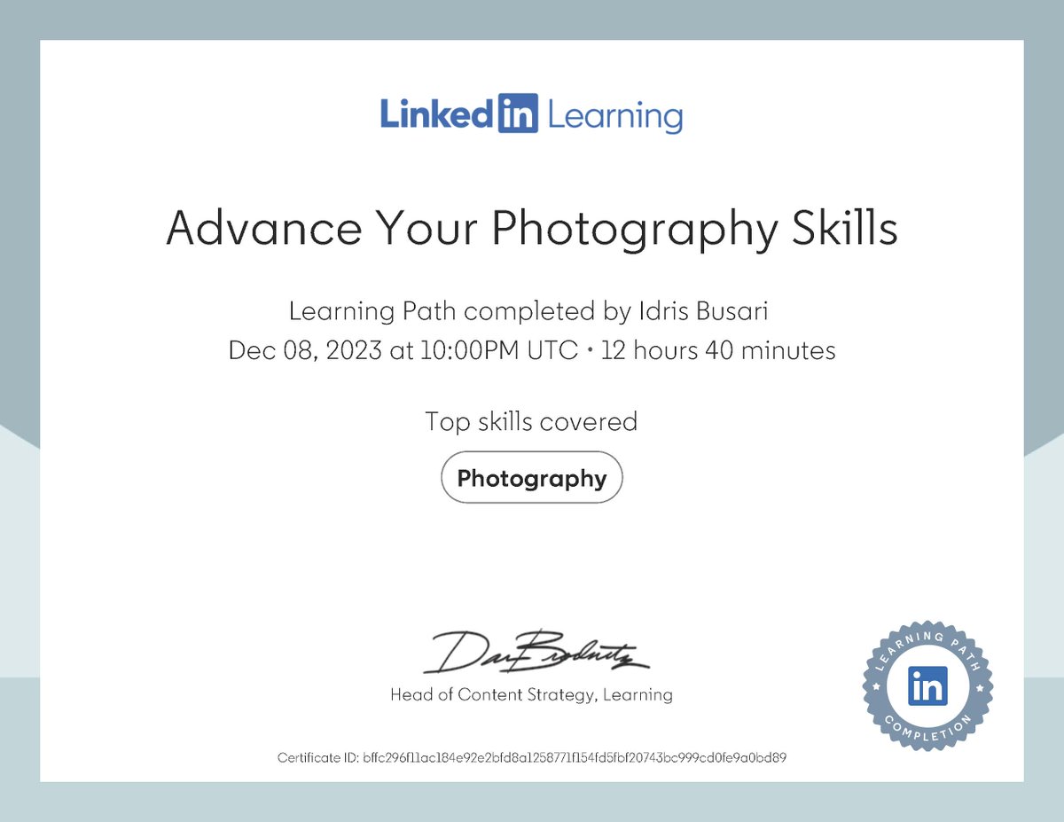 'Whether you're a #hobbyist, #enthusiast, or an #aspiringpro, discover the tools and #bestpractices you need to take professional, high-quality #photographs.

#DigitalCredentials #DigitalBadges #DigitalCertificates #SkillsRecognition #LifelongLearning #Education #LinkedInLearning