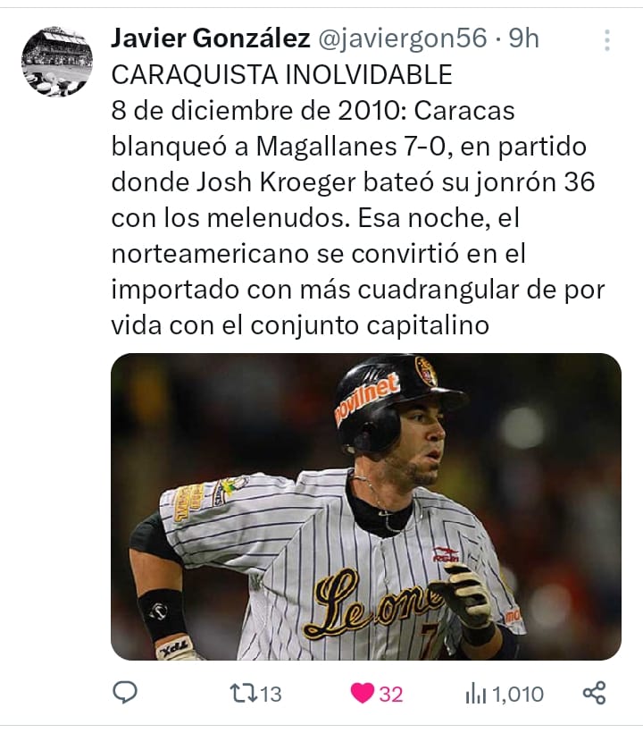 Inolvidable: Josh Kroeger #LaPesadilla
Una de sus tantos buenos dias, para ser recordado siempre por los caraquistas.

via: Javier Gonzalez

#Beisbol #caraquistas #LVBP #leones #beisbolvenezolano