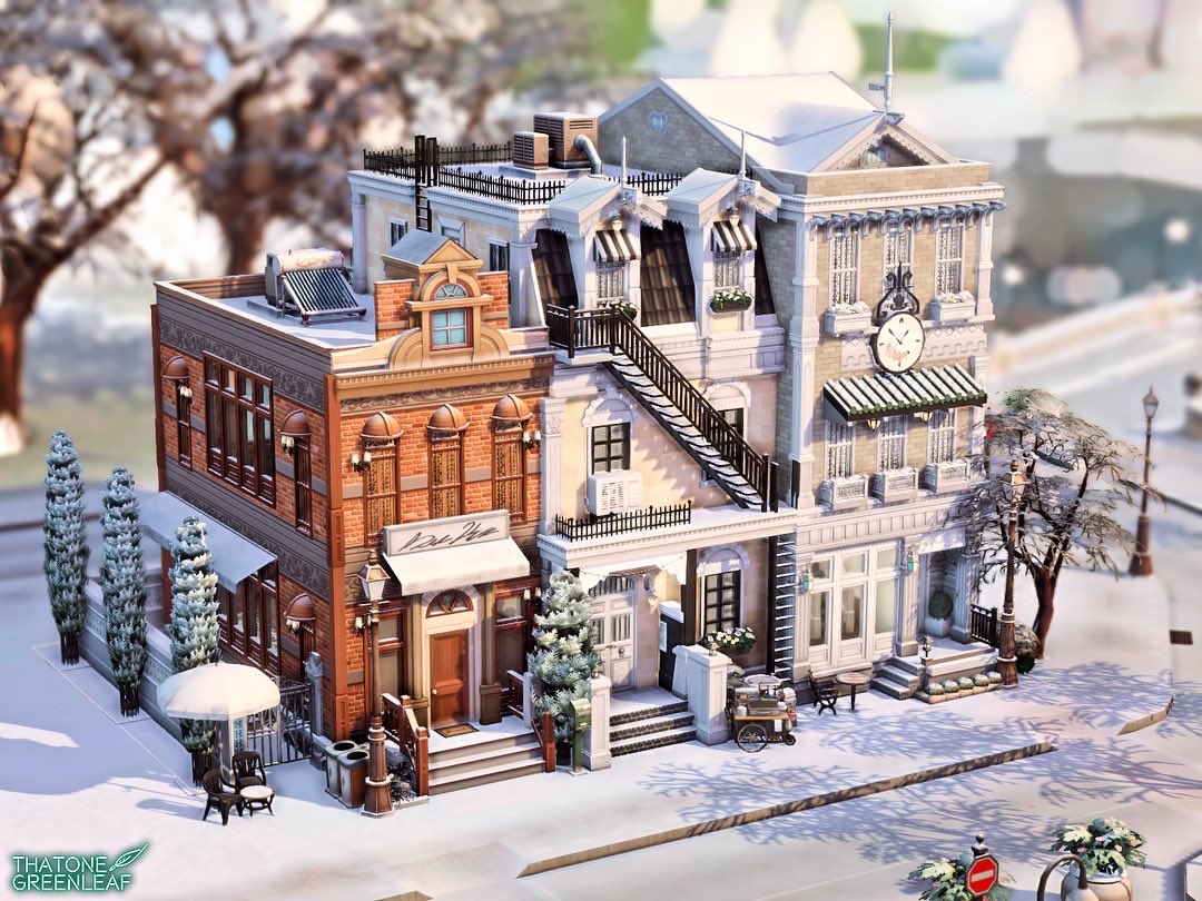 that1greenleaf's tweet photo. for rent/university winter townhouses! ❄️ do you prefer them in the day or at night! #TheSims4ForRent #thesims4 #ts4 @TheSims https://t.co/HJbJzBeO03