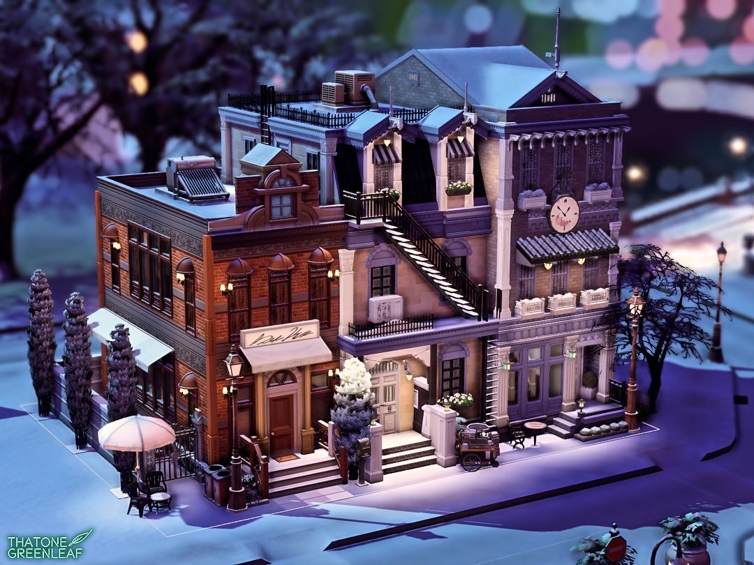 that1greenleaf's tweet photo. for rent/university winter townhouses! ❄️ do you prefer them in the day or at night! #TheSims4ForRent #thesims4 #ts4 @TheSims https://t.co/HJbJzBeO03
