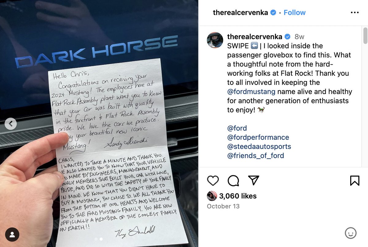 jimfarley98's tweet photo. Love the dedication of our manufacturing teams to deliver for our @Ford customers. Our Flat Rock Assembly Plant team included notes for new @FordMustang customers. Thanks for sharing, @therealcervenka! Enjoy your Mustang Dark Horse! https://t.co/VRUKj37NQH