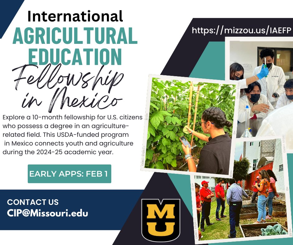 MizzouCIP's tweet photo. The @USDAForeignAg supports fellowships for US citizens with an ag degree to grow their global experience and to promote agriculture among youth. Explore this 10-month opportunity #IAEFP Mexico, hosted by MU and its partner in beautiful Puebla, Mexico.  https://t.co/8lj43jeEAO https://t.co/vSs23Jtxvh