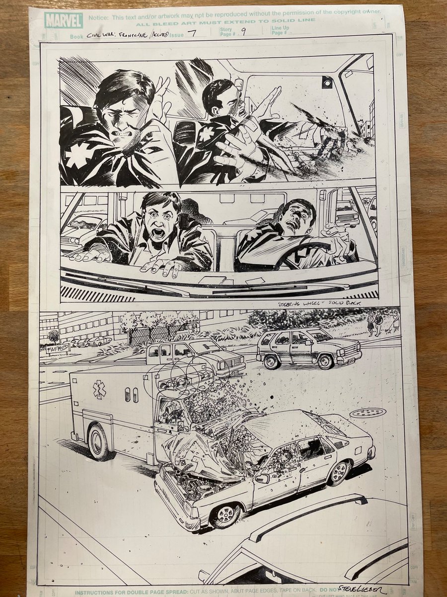 Here’s an half-splash crash original page by me and Jesse Hamm from Marvel’s Civil War:Frontline, written by the great @mypauljenkins. It’s for sale in Helioscope’s etsy shop. Look at the detail Jesse brought to the inks on that crash! helioscopepdx.etsy.com/listing/162321…