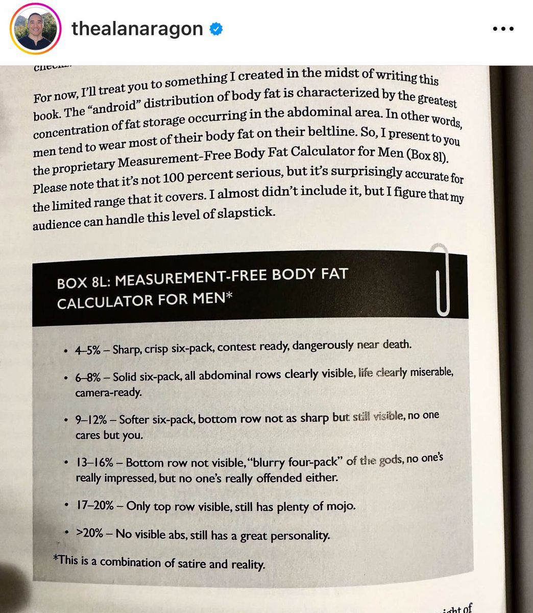 I saw @TheAlanAragon post this on IG & it’s one of (if not the best) descriptions of estimating body fat percentage I’ve seen. If you’ve followed me long enough you know the mirror + reference points is my preferred method of estimating body fat vs paying for a DEXA