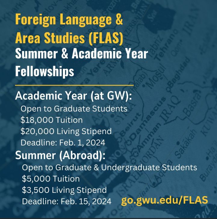 Calling current & prospective Graduate GW students! AY 2024 FLAS fellowships available to GW graduate students studying the Middle East. Visit the link for information on AY fellowships & to apply. Make sure to check back for info on summer opportunities: buff.ly/3NvXkHG