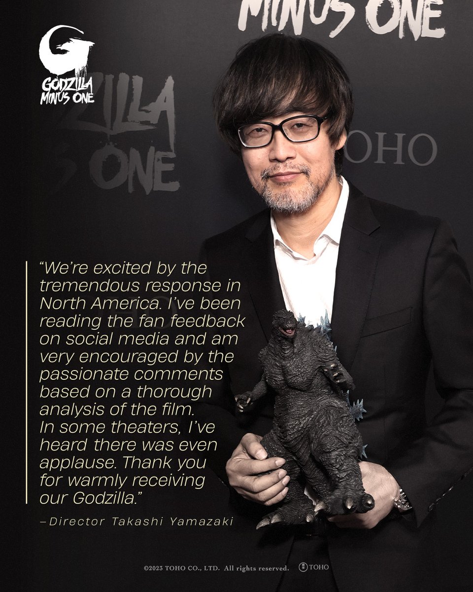 A message of gratitude from Godzilla Minus One Director, Writer, and VFX lead Takashi Yamazaki. #GodzillaMinusOne is now playing in theatres! ow.ly/ZLGB50QgY22