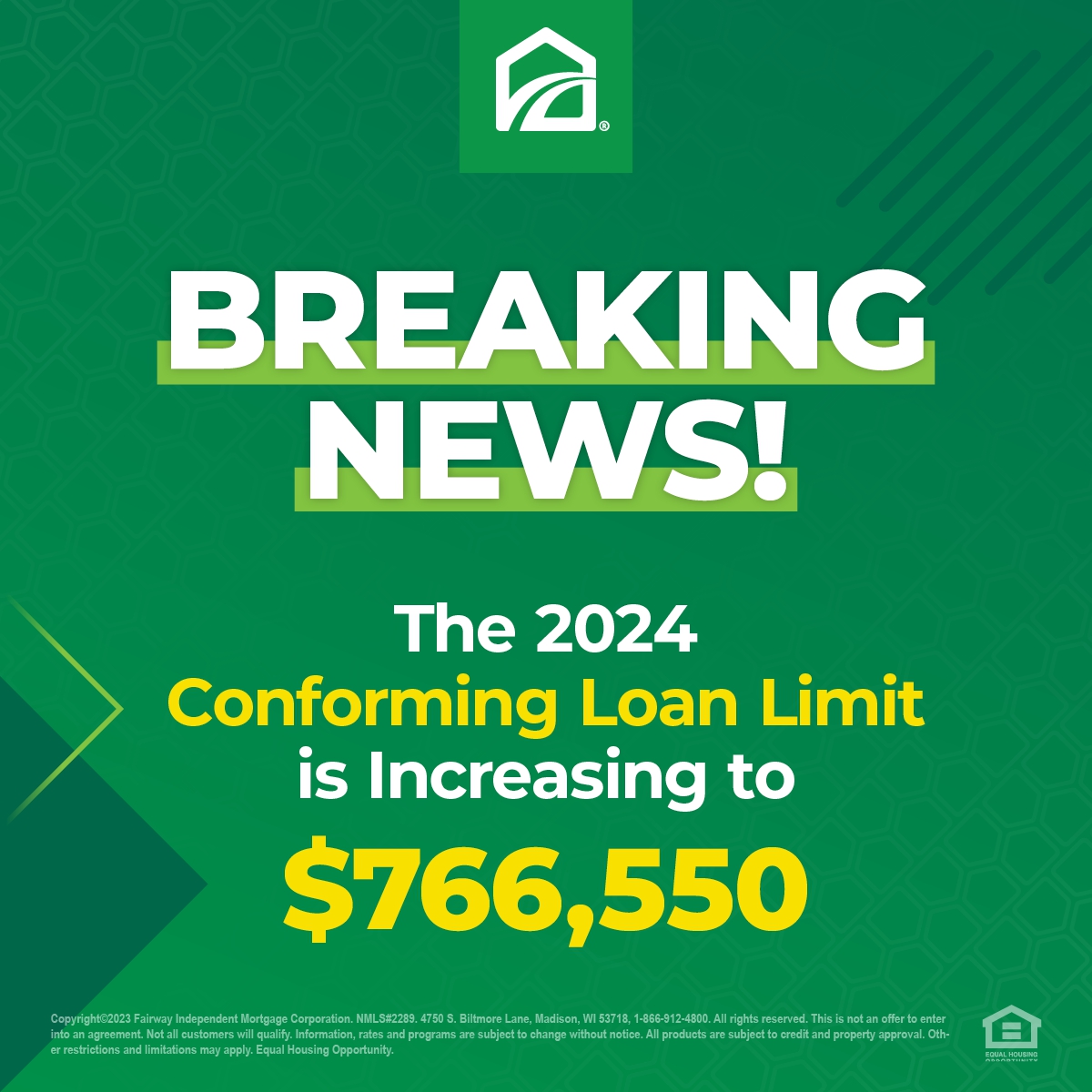 The Federal Housing Finance Agency (FHFA) has announced an increase to the conforming loan limit. The new conforming loan limit for a one-unit property will be $766,550 in 2024. 

Contact me today to find out what this may mean for you! MikesYourMortgageGuy.com