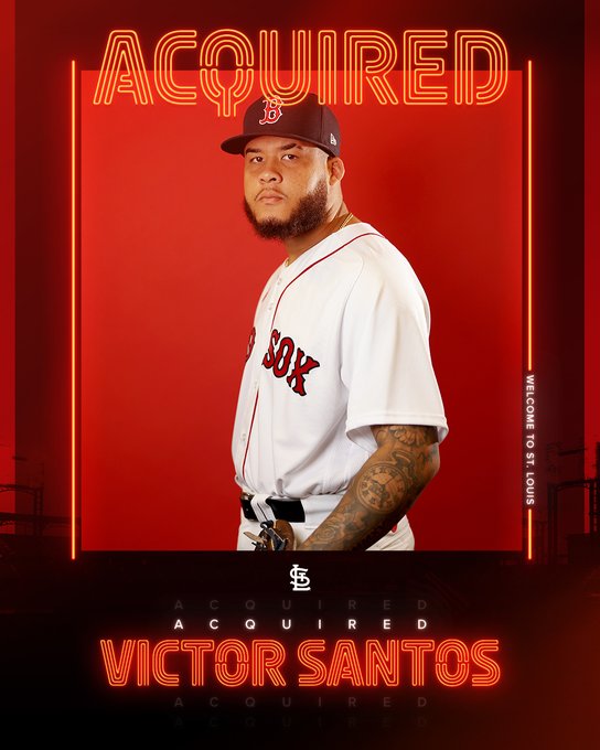 Graphic showing a picture of right-handed pitcher Victor Santos in a Boston Red Sox uniform with the text "Acquired Victor Santos"