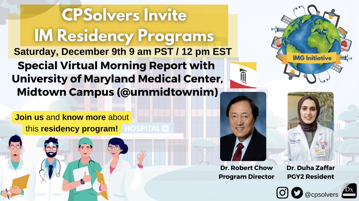 #MedTwitter We're excited for our morning report with the University of Maryland IM residency program TOMORROW Sat. Dec. 9 at 12pm EST! Join us for a fun case and to learn more about the internal medicine program! bit.ly/31LWIKg