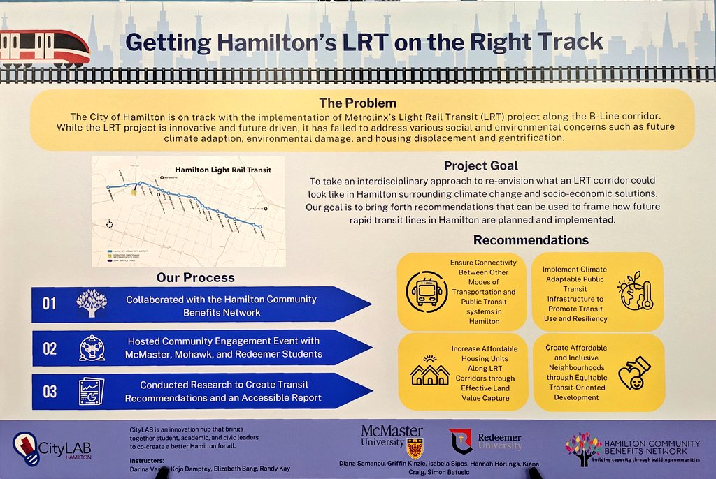 EasyThePianoMan's tweet photo. Getting Hamilton's LRT on the right track. 🚈 Students worked with @HamOntCBN to research/analyze how social &amp; environmental concerns can inform the B line @HamiltonLRT &amp; other transit projects in @hsr redesign strategy. 
#HamOnt #CityLabHamilton  #HamiltonLRT https://t.co/s81A5ISmey