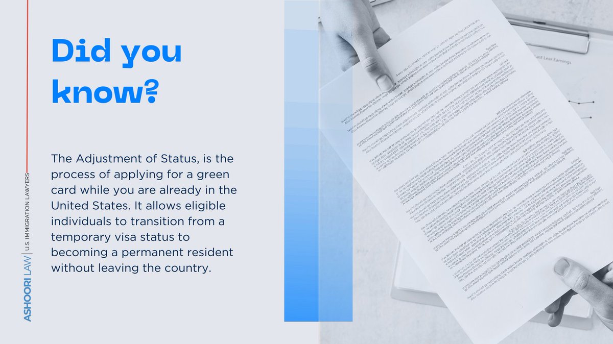 AshooriLaw's tweet image. Did you know that you can transform your immigration status without leaving the U.S.! Contact us to discover the magic of Adjustment of Status – your pathway to permanent residency while already in the US. #AshooriLaw #PathToResidency #adjustmentofstatus #usa
