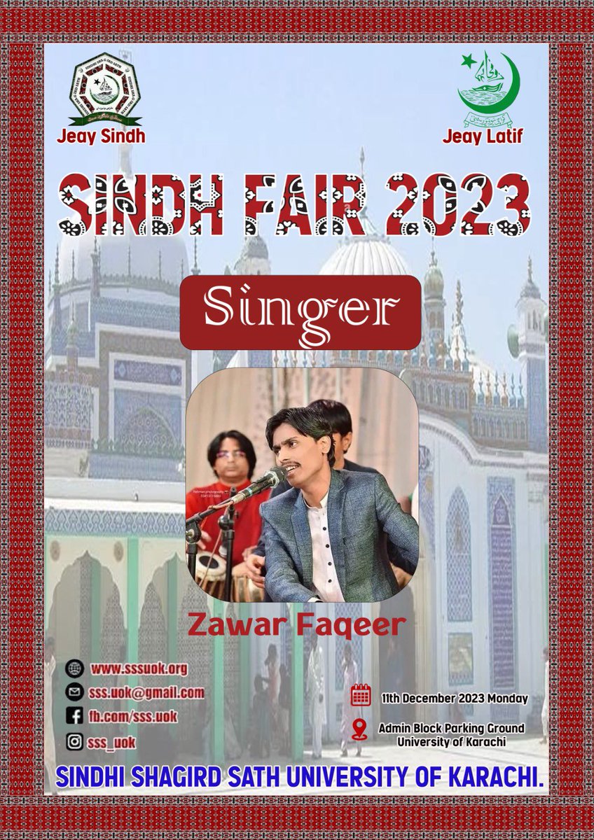 SathUok2012's tweet photo. Sath Alert:
"Exciting News! Sindh Fair just got even more melodious! Thrilled to announce the enchanting presence of Singer Zawar Faqeer. Join us for a musical journey at Sindh Fair that promises to captivate hearts and celebrate culture!" https://t.co/8RARinaiKR
