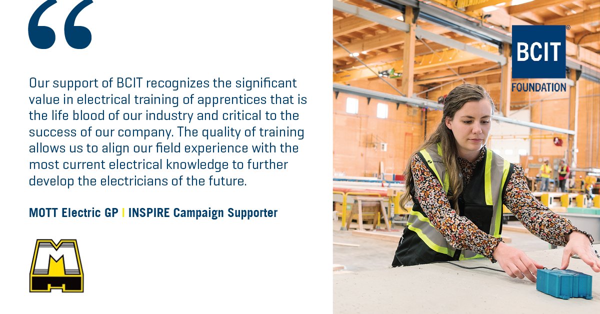 💡 <a href="/MottElectric/">Mott Electric</a> GP shares how their support of the #BCIT INSPIRE Campaign recognizes the importance of training the next generation of electrical apprentices.

💙 Learn more: lnkd.in/dbyPhB9J